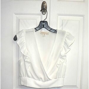 Monteau Los Angeles Women's V-Neck Faux Wrap Flutter Sleeve Top in‎ White Small